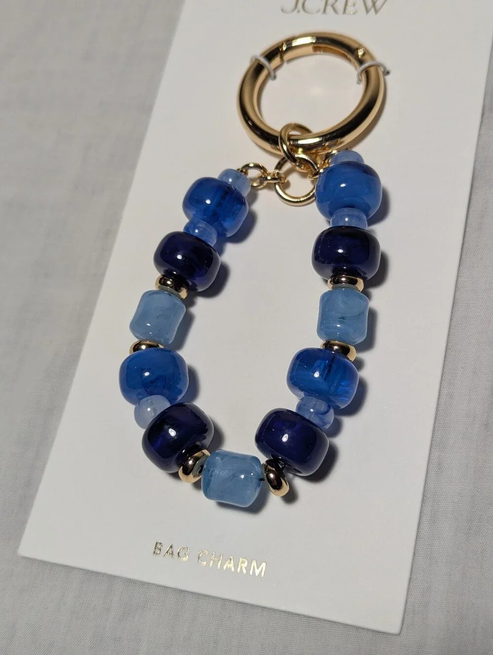 NWT J. Crew Chunky Beaded Bag Charm Gold Ring Blue Glass Beads (ONE SIZE)